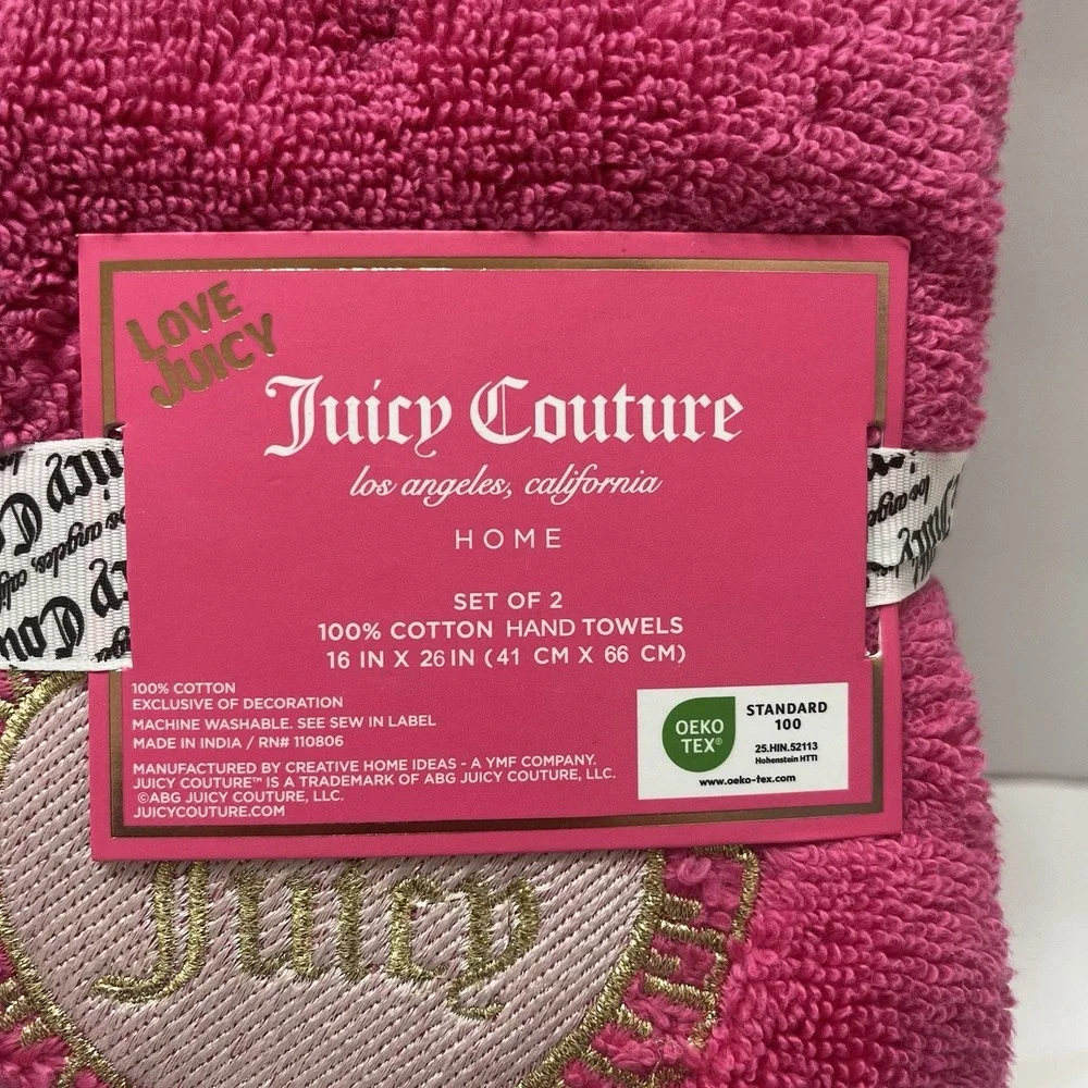 Juicy Couture Hand Towel Set Hot Pink Set Of 2 100% Cotton 16x26